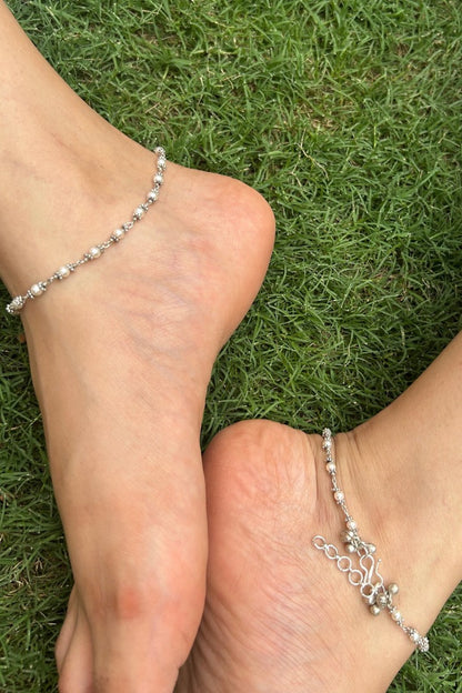 Silver Pearl Chain Ghungaroo Anklets