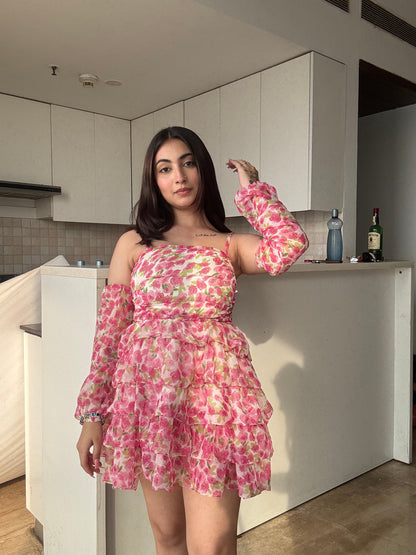 Peony Puff Flare Dress With Detachable Puff Sleeves