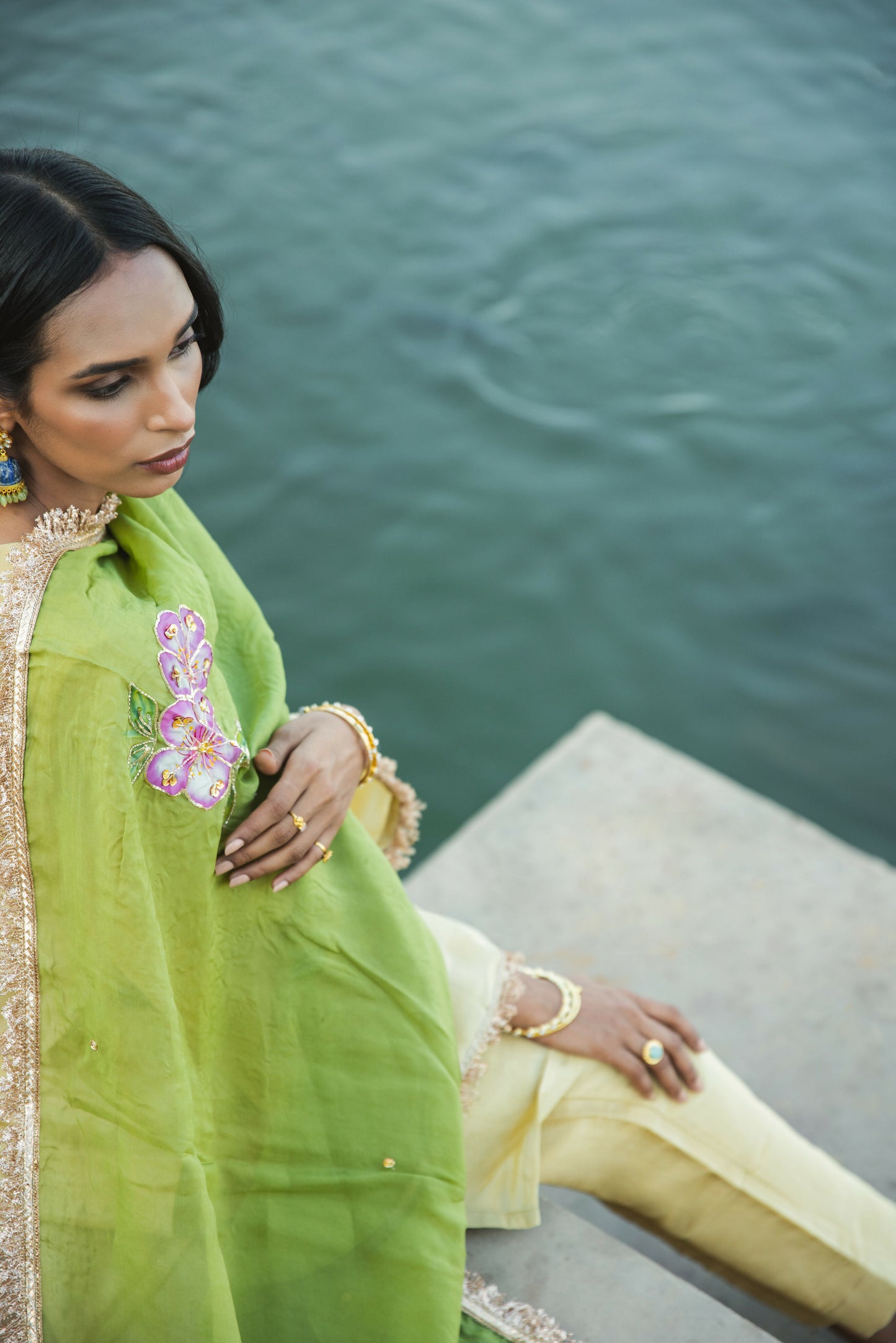 Kaira Tissue Gold & Olive Suit Set