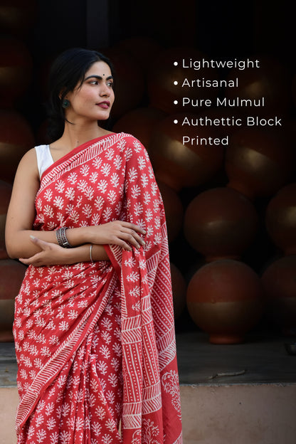 EyeCandy Mulmul Cotton Block Printed Red Saree