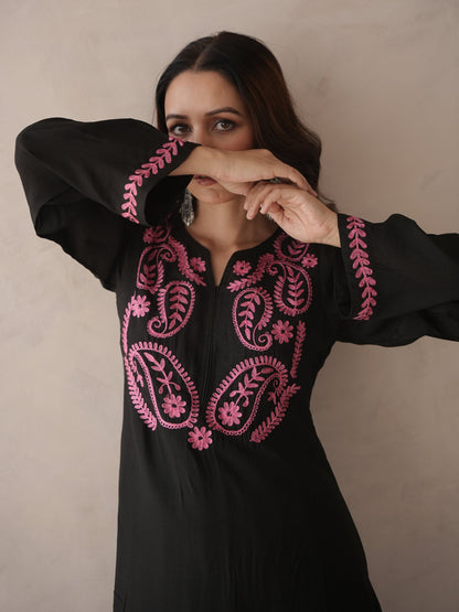Indiflora Black Embroidery Maslin Kurta Set