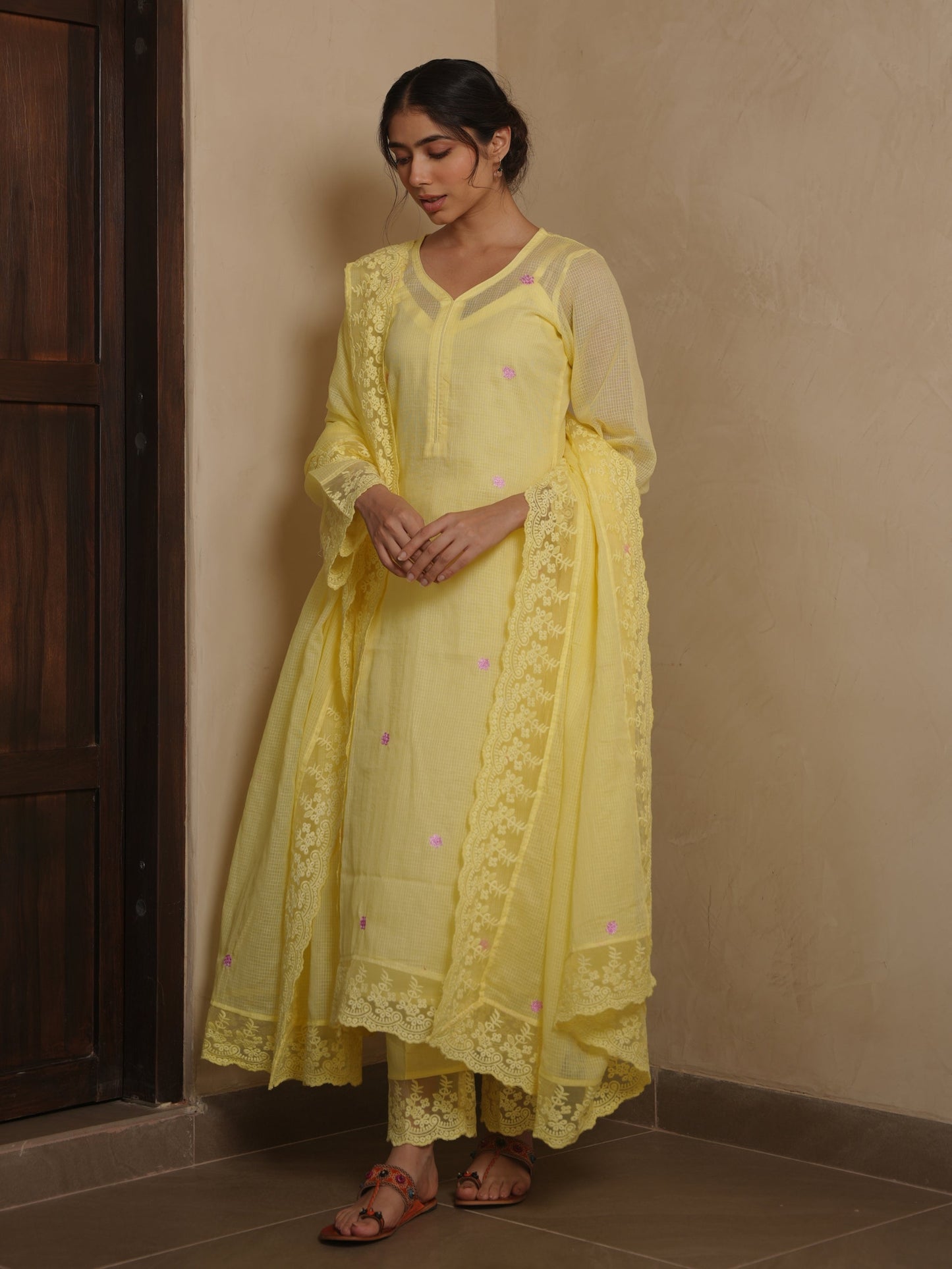 Poppy Yellow Doriya Floral Embroidery Suit Set