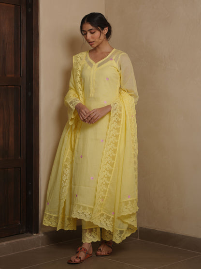 Poppy Yellow Doriya Floral Embroidery Suit Set