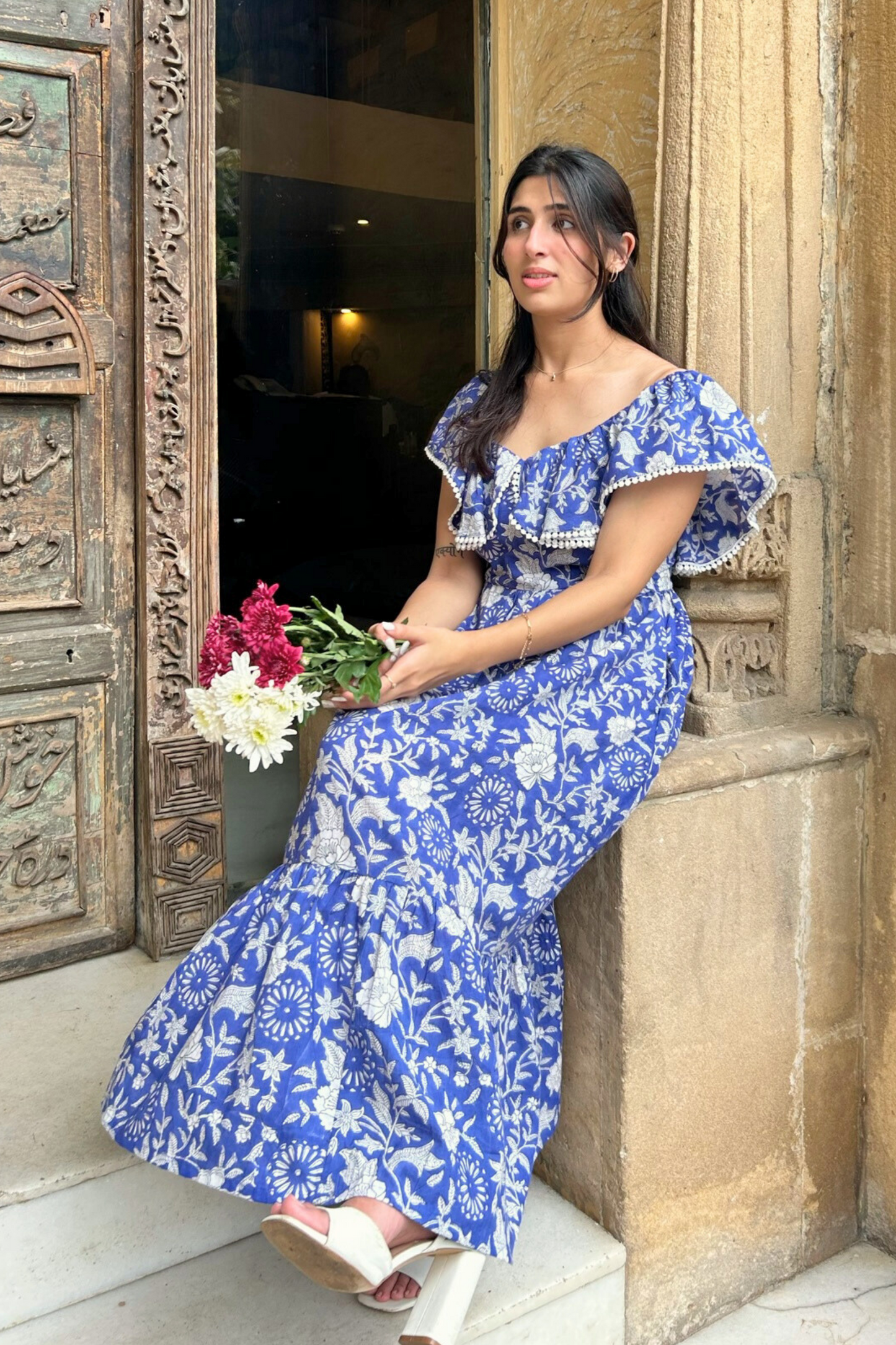 Blue and White Hand Printed Maxi Dress with Pocket