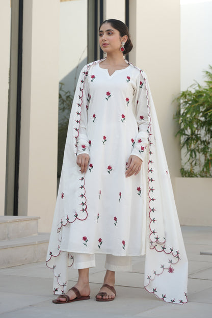 Kowhai White Cotton Floral Embroidered Suit Set