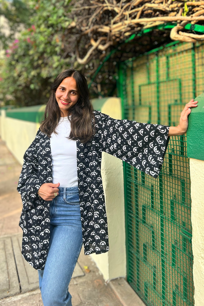 Black And White Pure Cotton Geometric Hand-Printed Shrug