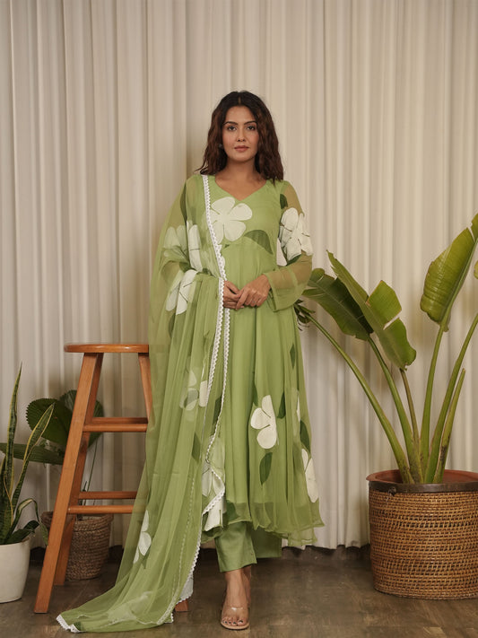 Mehboob Floral Hand Painted Pure Georgette Pastel Anarkali Set