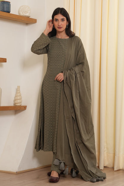 Sage Olive Schiffli Straight Suit Set