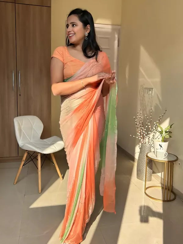 Rani Tri Color Chiffon Saree