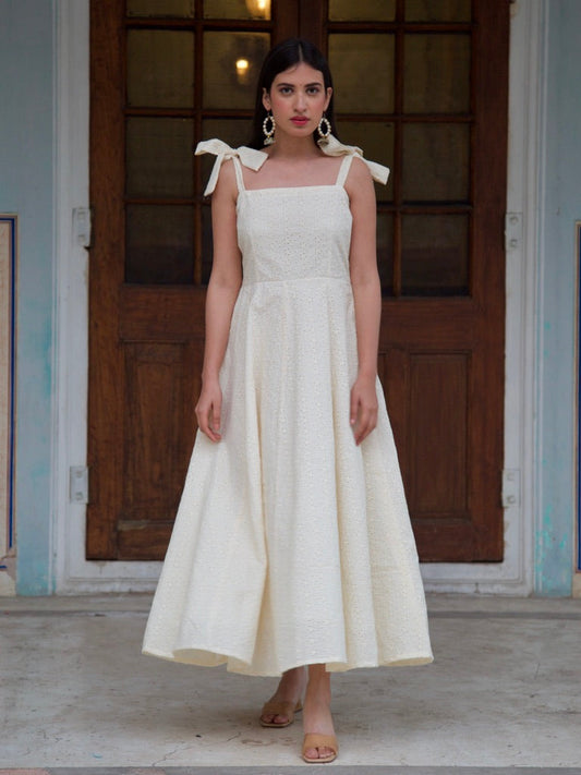 Areena White Chikan Dress
