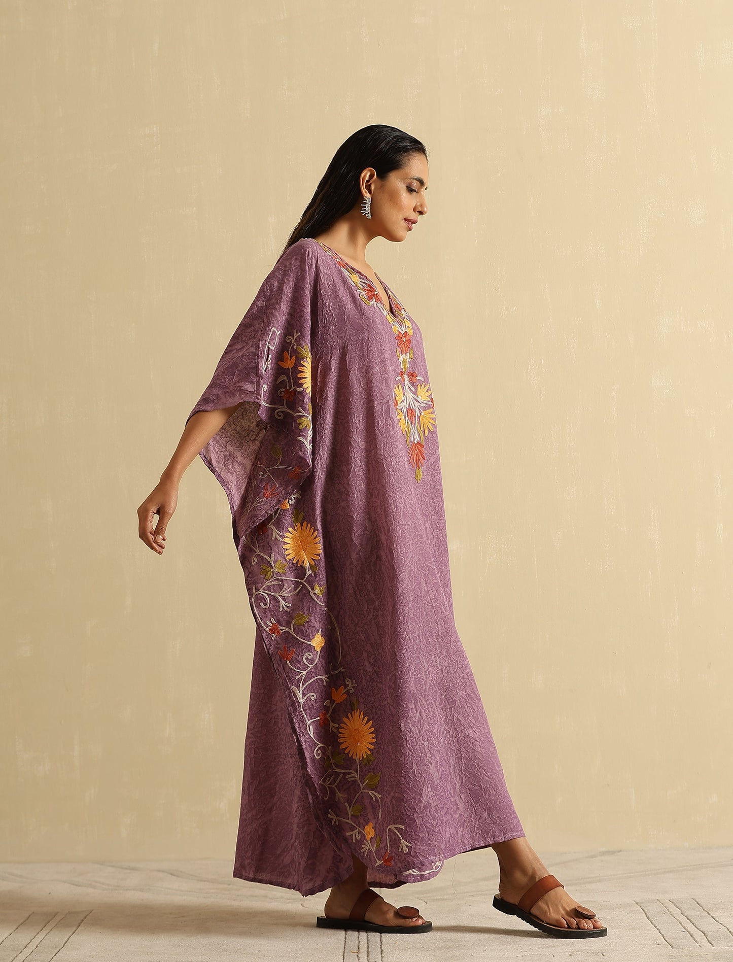 Mauve Aari Embroidered Kashmiri Long Kaftan