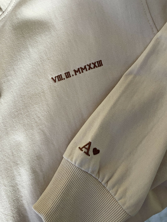 Personalised Date & Name Initial Beige Embroidered Hoodie