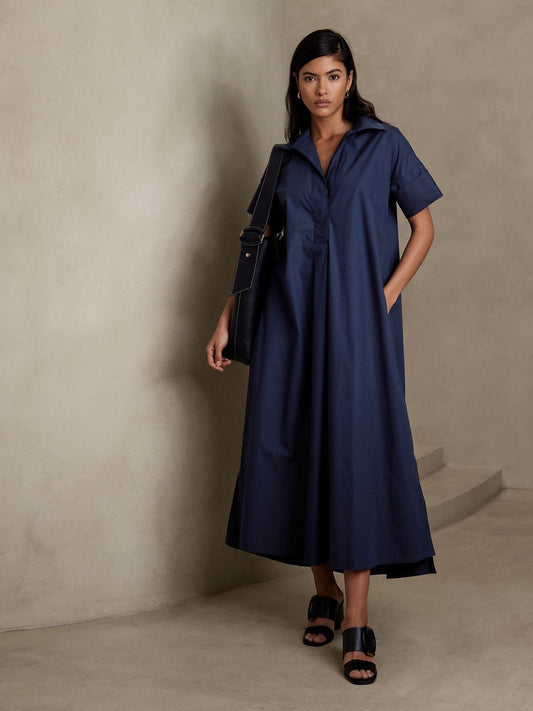 Navy Collared Midi Dress