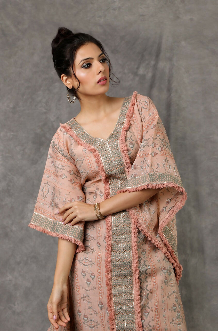 Green/Peach Kaftan Set With Embroidered Pants