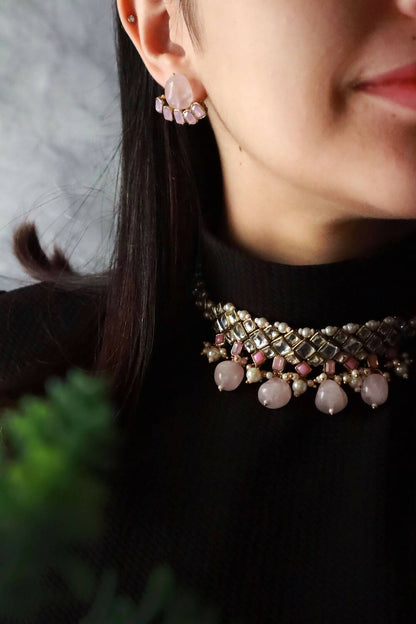 Rose Quartz Kundan and Pearl Choker Necklace Set