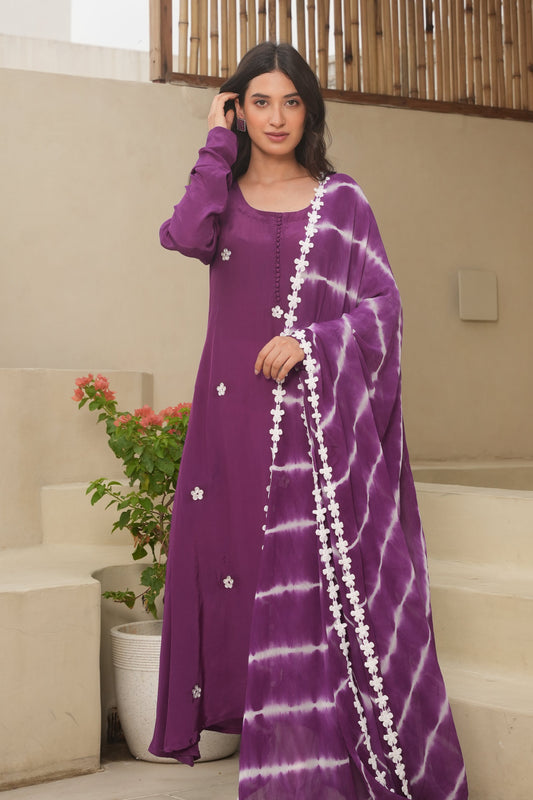 Lillian Purple Cotton Crush Straight Suit Set