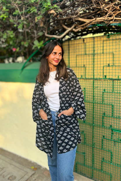 Black And White Pure Cotton Geometric Hand-Printed Shrug