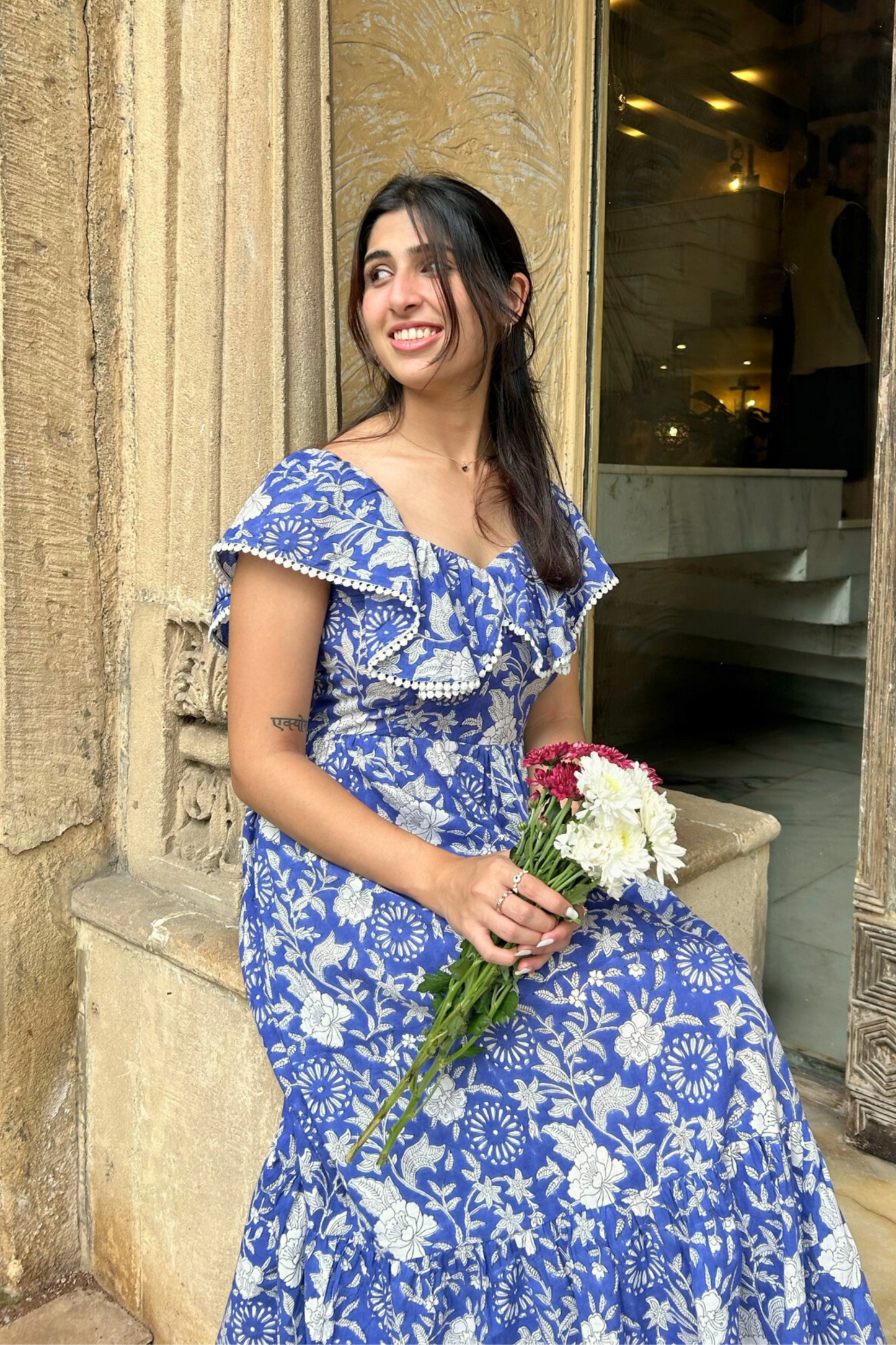 Blue and White Hand Printed Maxi Dress with Pocket