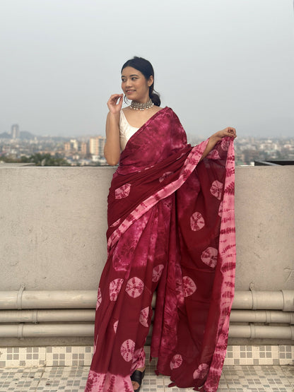 Bandani Tie & Dye Shibori Print Natural Dyed Mulmul Cotton Saree