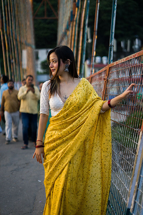Natural Flower Dyed Genda Habutai Silk Saree