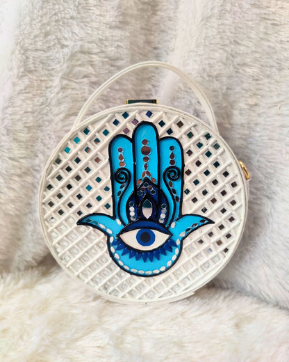 White Hamsa Lippan Art Handcrafted Circle Box Bag