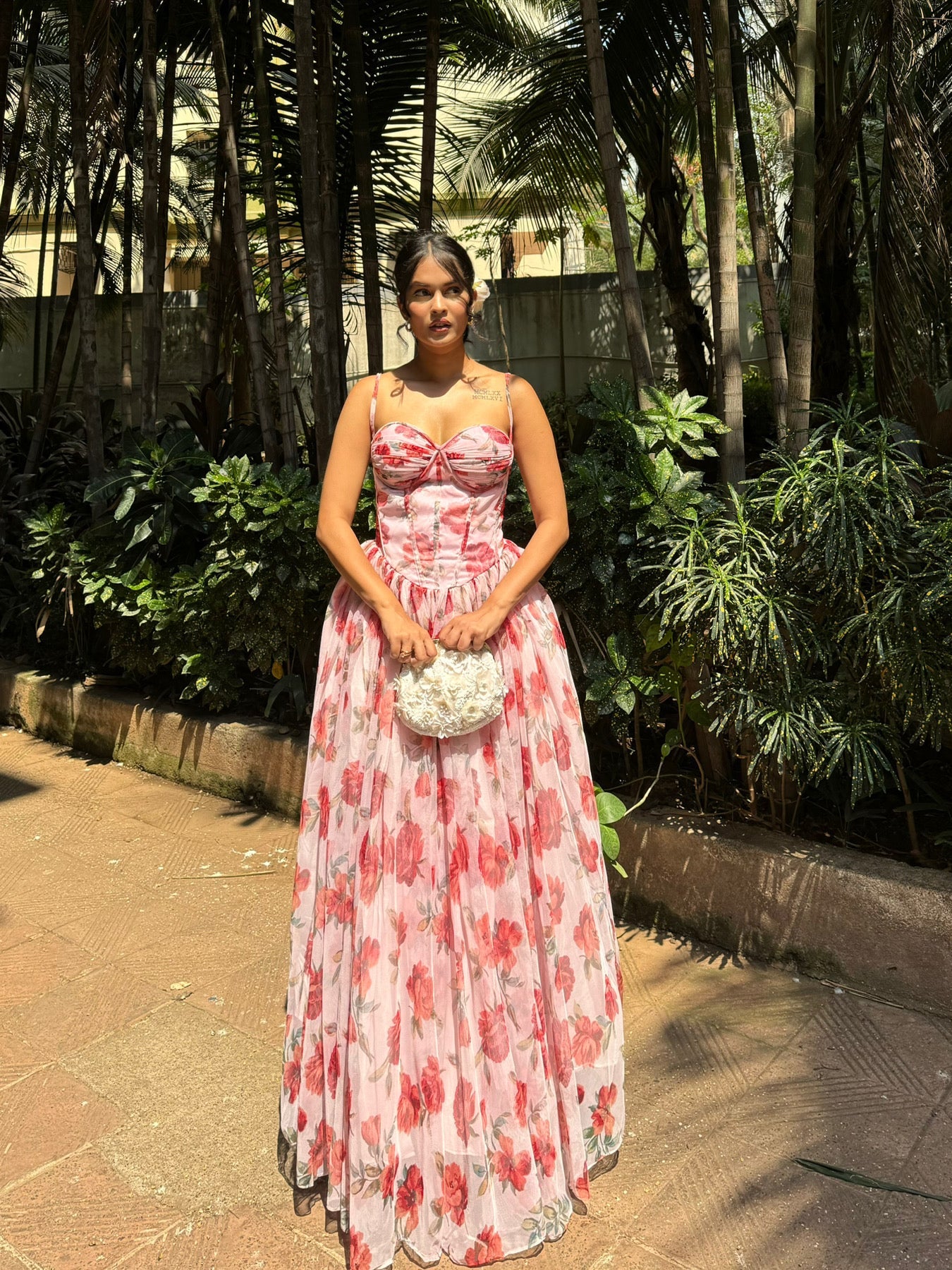 Pink floral gown hotsell