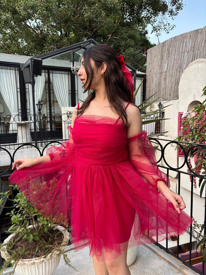 Ruby Tulle Dress With Detachable Puffy Sleeves