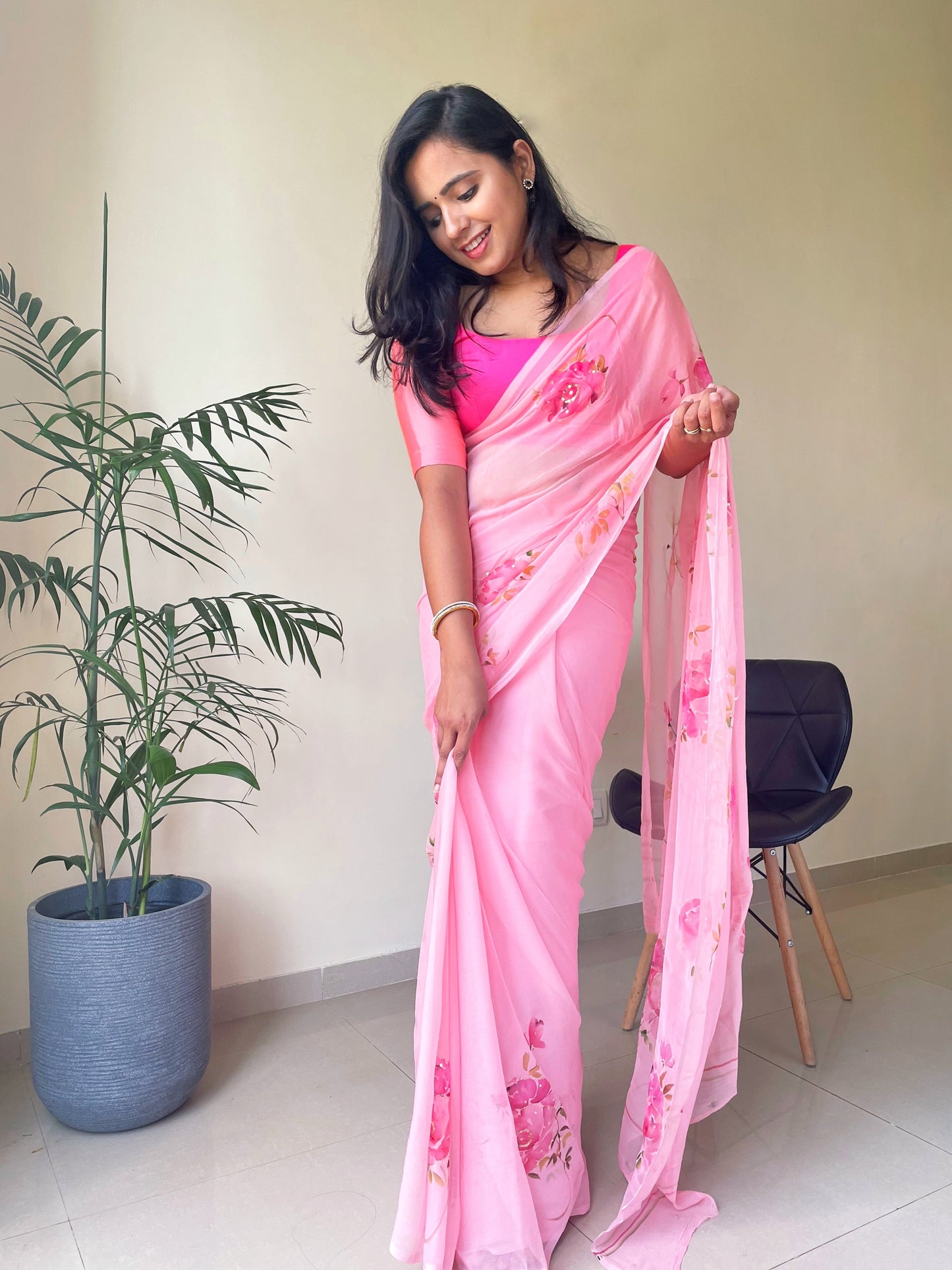 Rose Handpainted Chiffon Saree