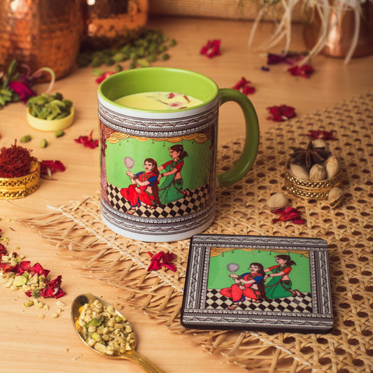 Shringaar Pattachitra Mug with Coaster - Green