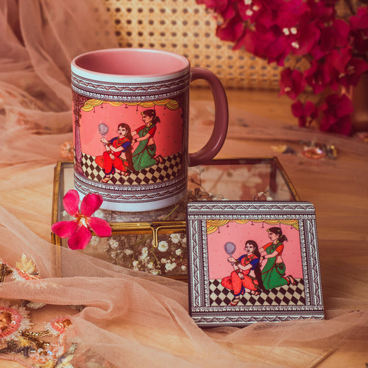 Shringaar Pattachitra Mug with Coaster - Pink