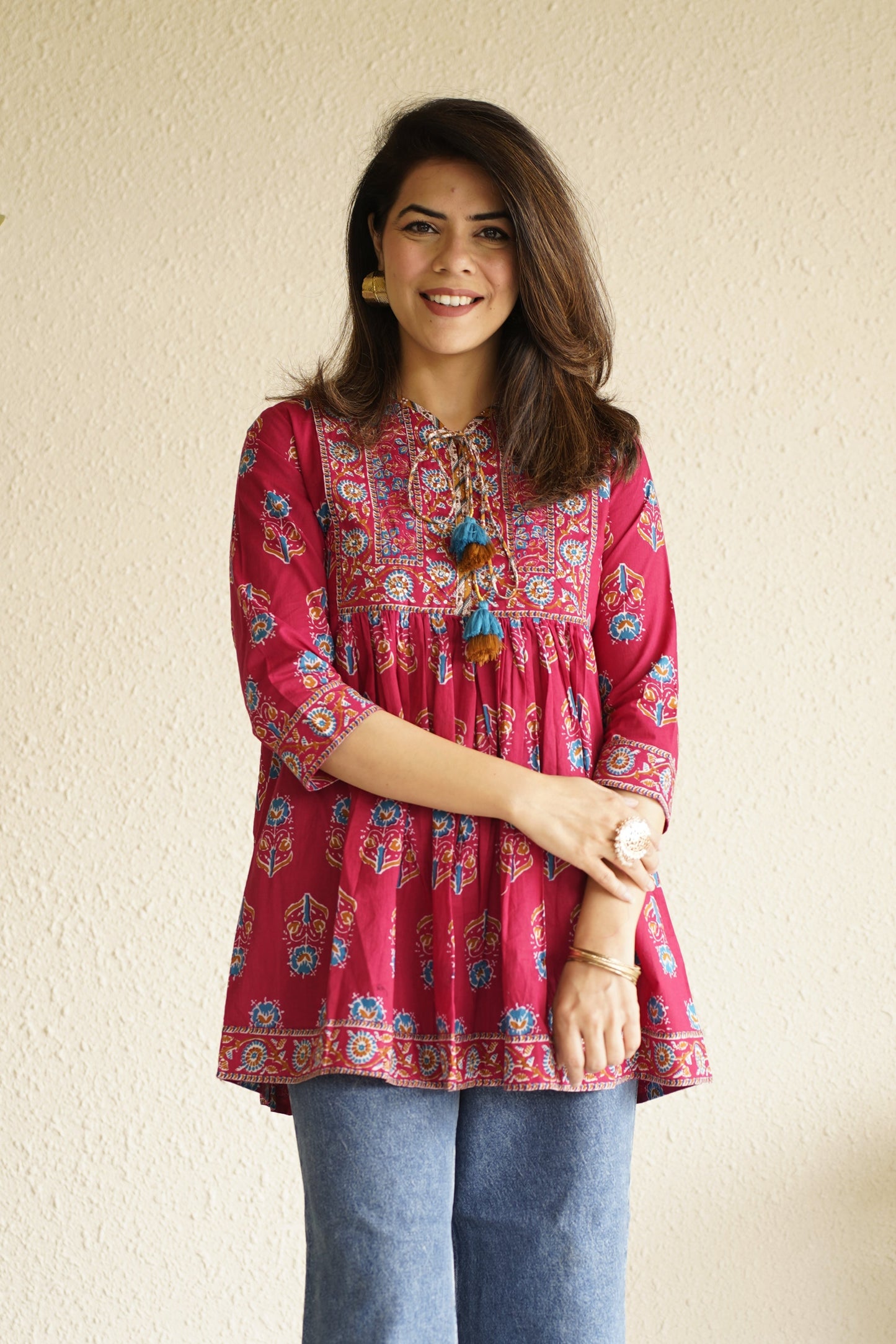 Pink Floral Printed Pure Cotton Sequinned Kurti