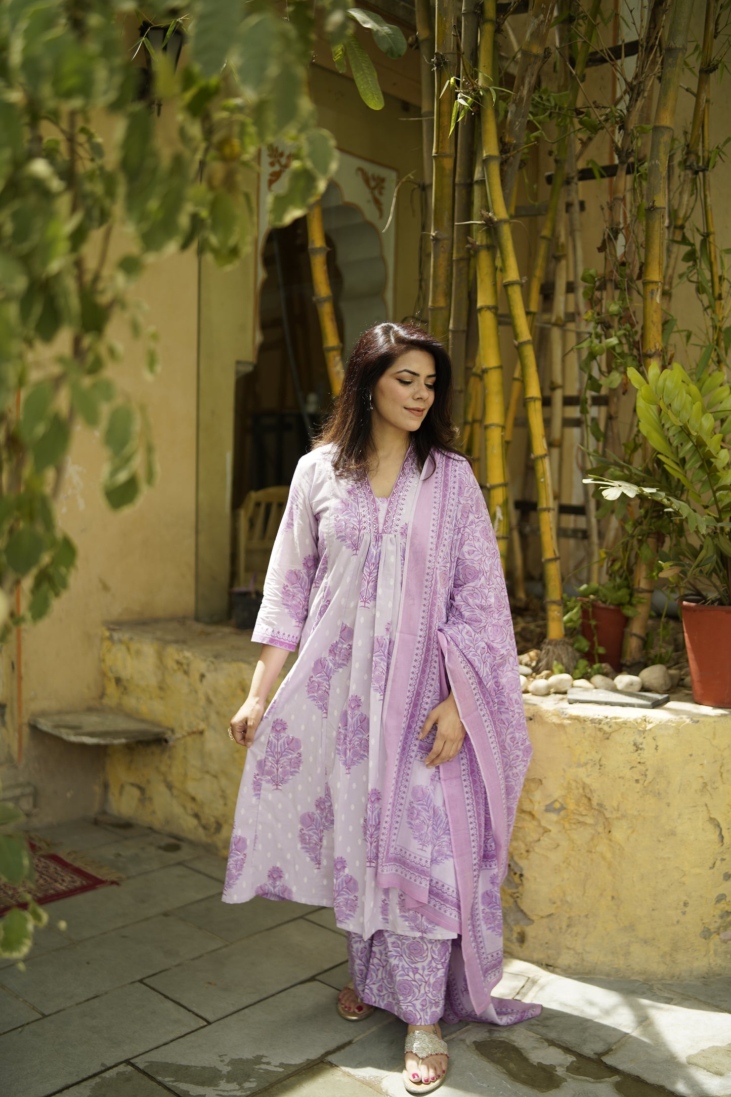 Printed Sequinned Pure Cotton Kurta with Trousers & Dupatta