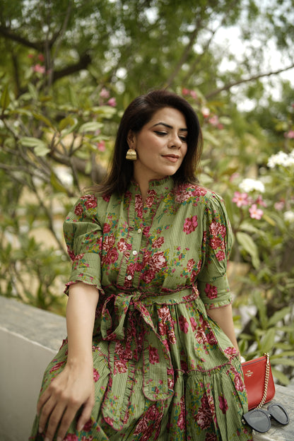 Green Floral Print Puff Sleeve Fit & Flare Midi Dress