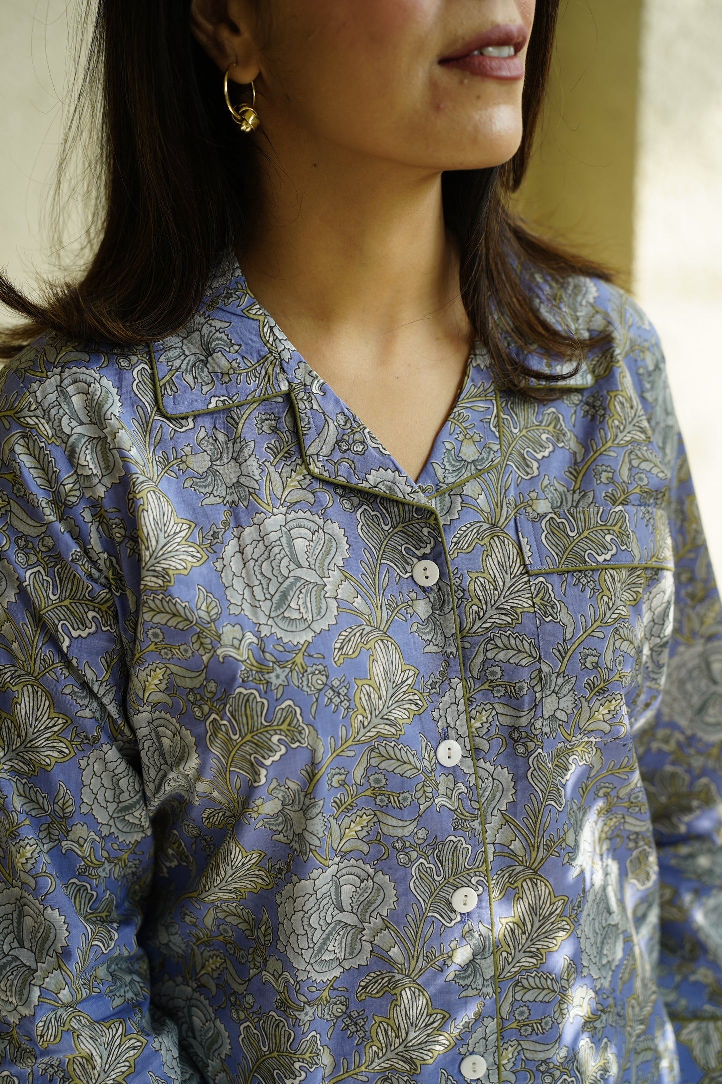 Printed Cotton Lapel Collar Lounge Set