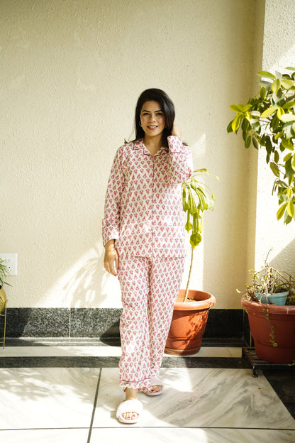 Printed Cotton Lapel Collar Lounge Set