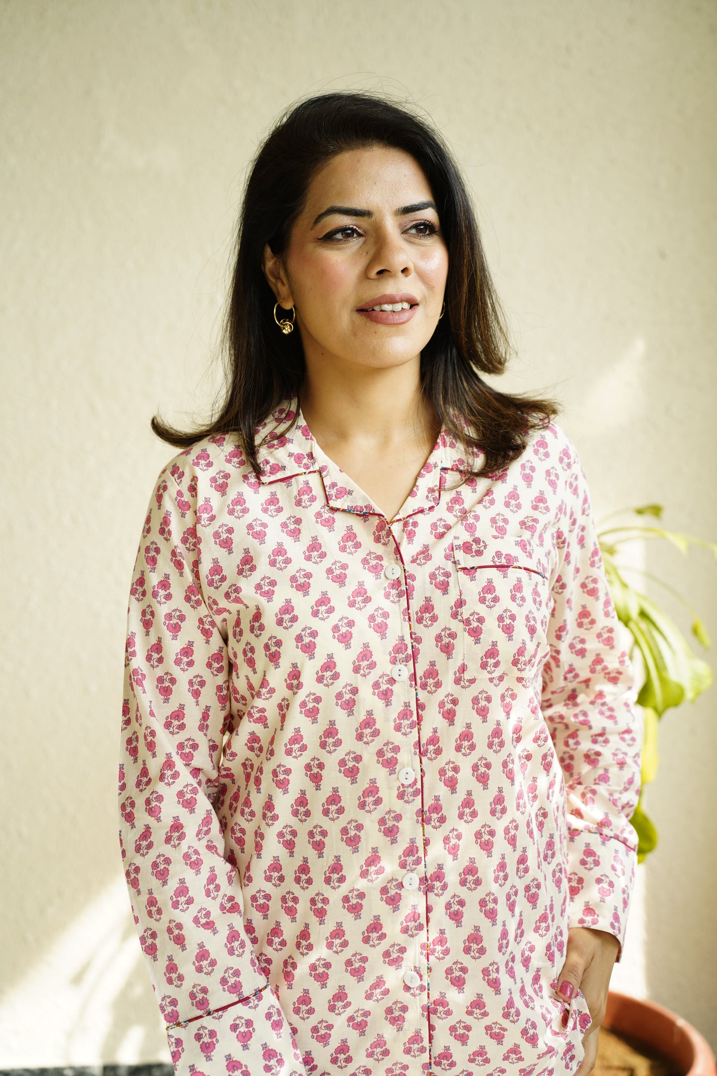 Printed Cotton Lapel Collar Lounge Set