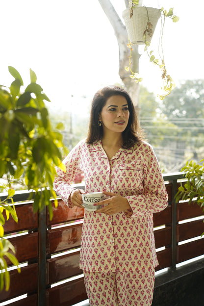 Printed Cotton Lapel Collar Lounge Set