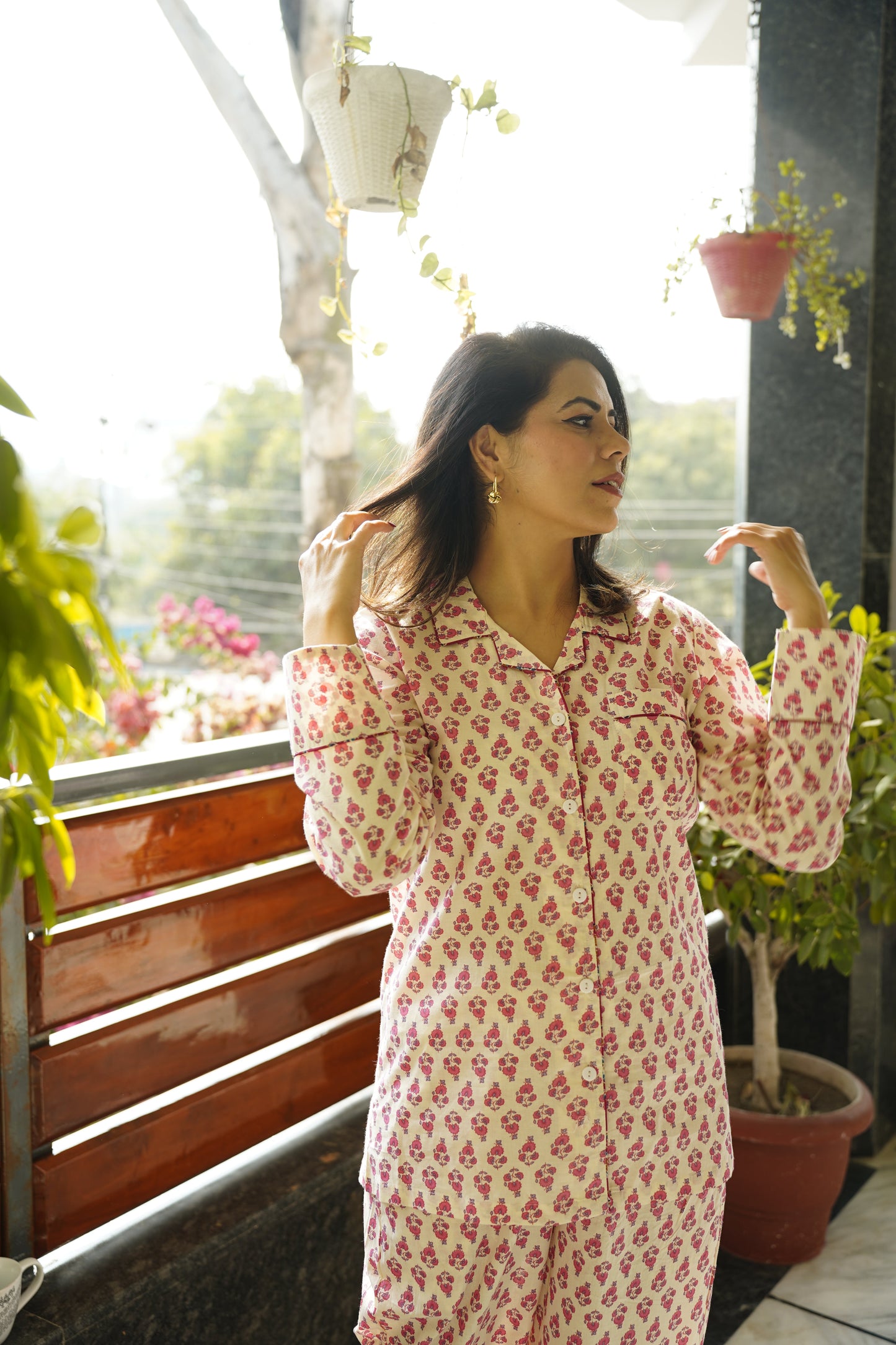 Printed Cotton Lapel Collar Lounge Set