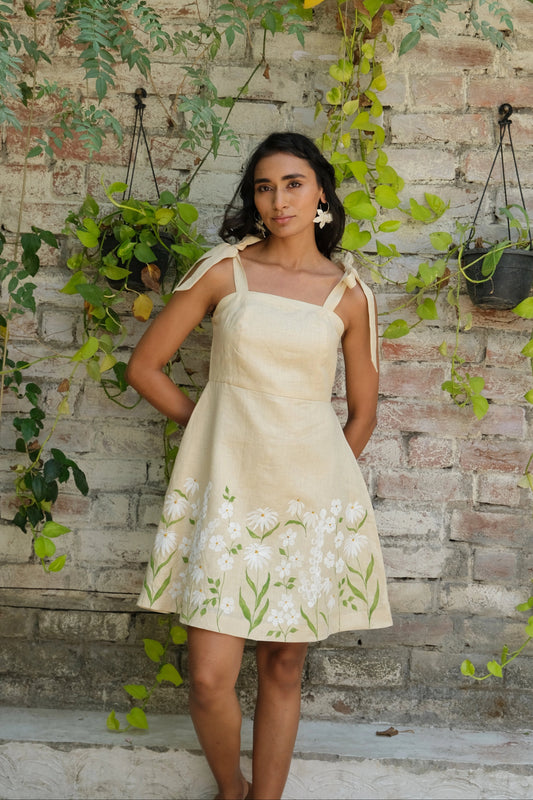 Gardenia Hand-painted Linen A-line Dress in Beige