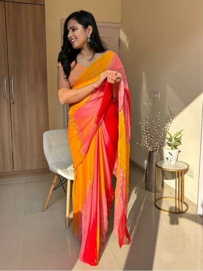 Rani Tri Color Chiffon Saree