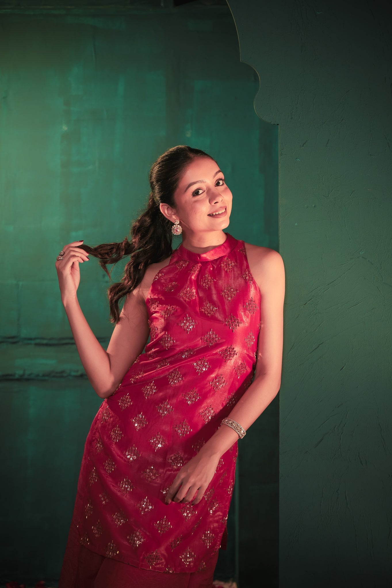 Laila Pink Hand Work Suit Set