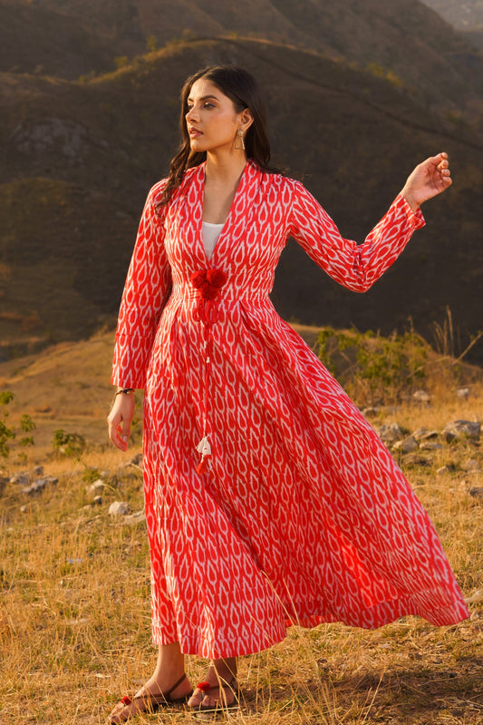 Afreen Red Ikkat Cotton Maxi Dress