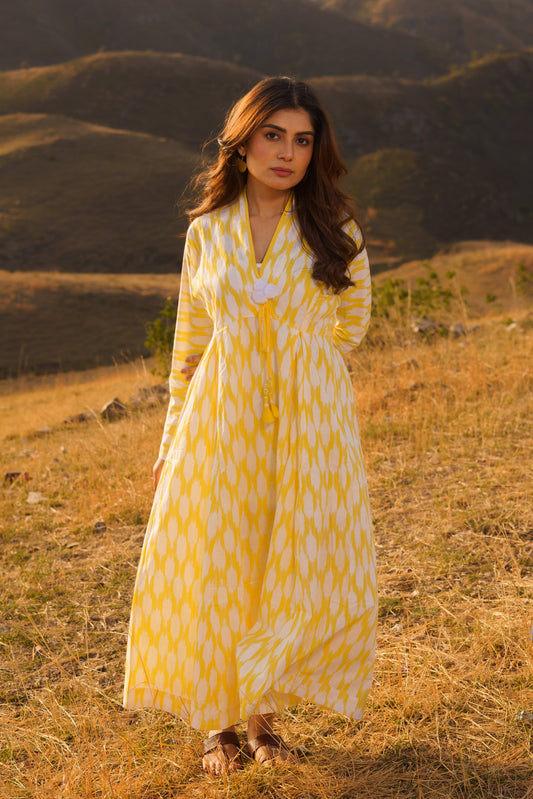 Afreen Yellow Ikkat Cotton Maxi Dress