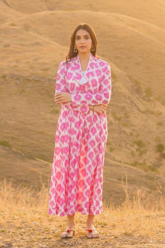 Afreen Pink Ikkat Print Cotton Maxi Dress