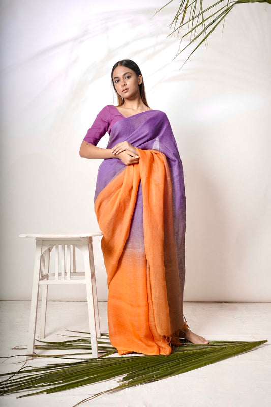 Dual Color Handloom Linen Saree