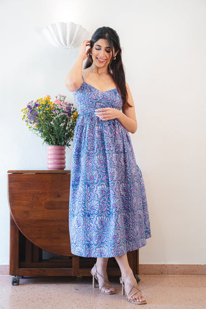 Blue & Purple Floral Cotton Maxi Dress with a Pocket