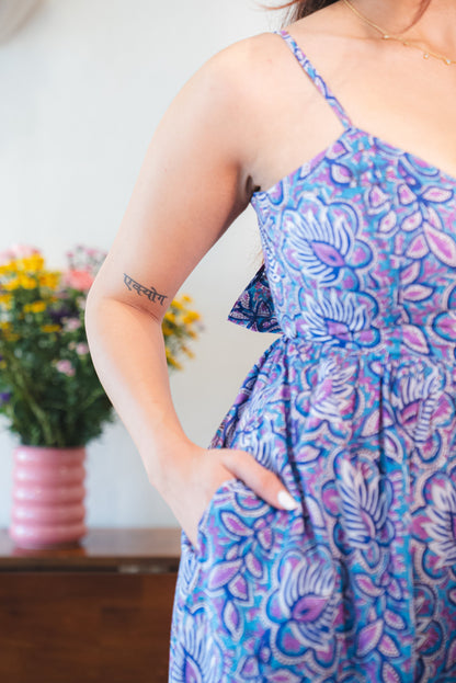 Blue & Purple Floral Cotton Maxi Dress with a Pocket