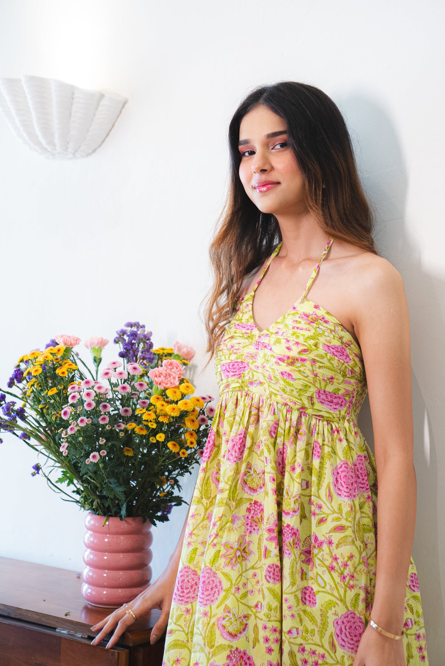 Lime Green with Pink Floral Cotton Halter Maxi Dress with Pocket