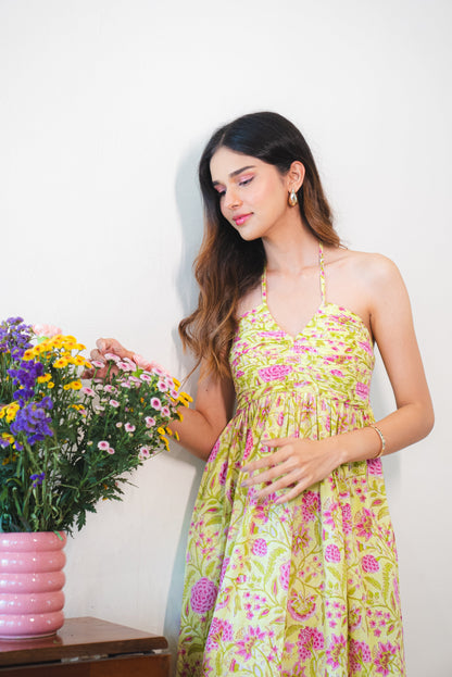 Lime Green with Pink Floral Cotton Halter Maxi Dress with Pocket