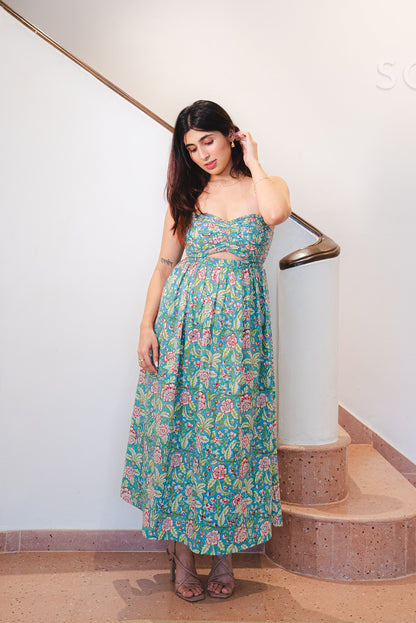 Green Tropical Floral Print Cotton Tube Dress with Pocket